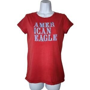 American Eagle Outfitters Women Tops, Distressed Letters Short Sleeve Red Tee, S